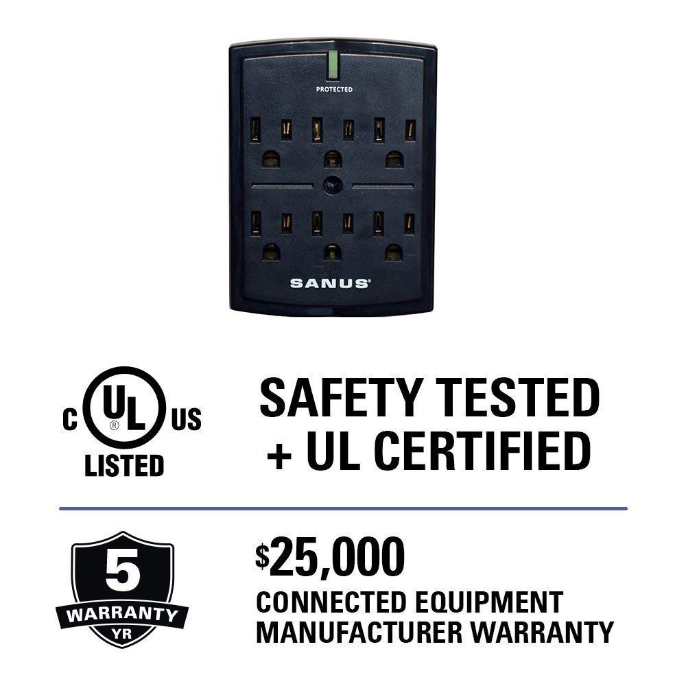SANUS On-Wall Low Profile 1080J Fireproof Surge Protector with 6 AC Outlets & 3 Lines of Protection - Includes Power Signal Filtering Black - Image 5