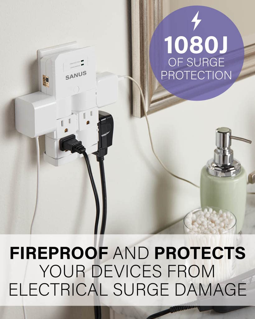 SANUS On-Wall Surge Protector - 6 Rotating Outlets - Fits Larger Plugs -1080 J - Low-Profile & Fireproof - White - Image 6