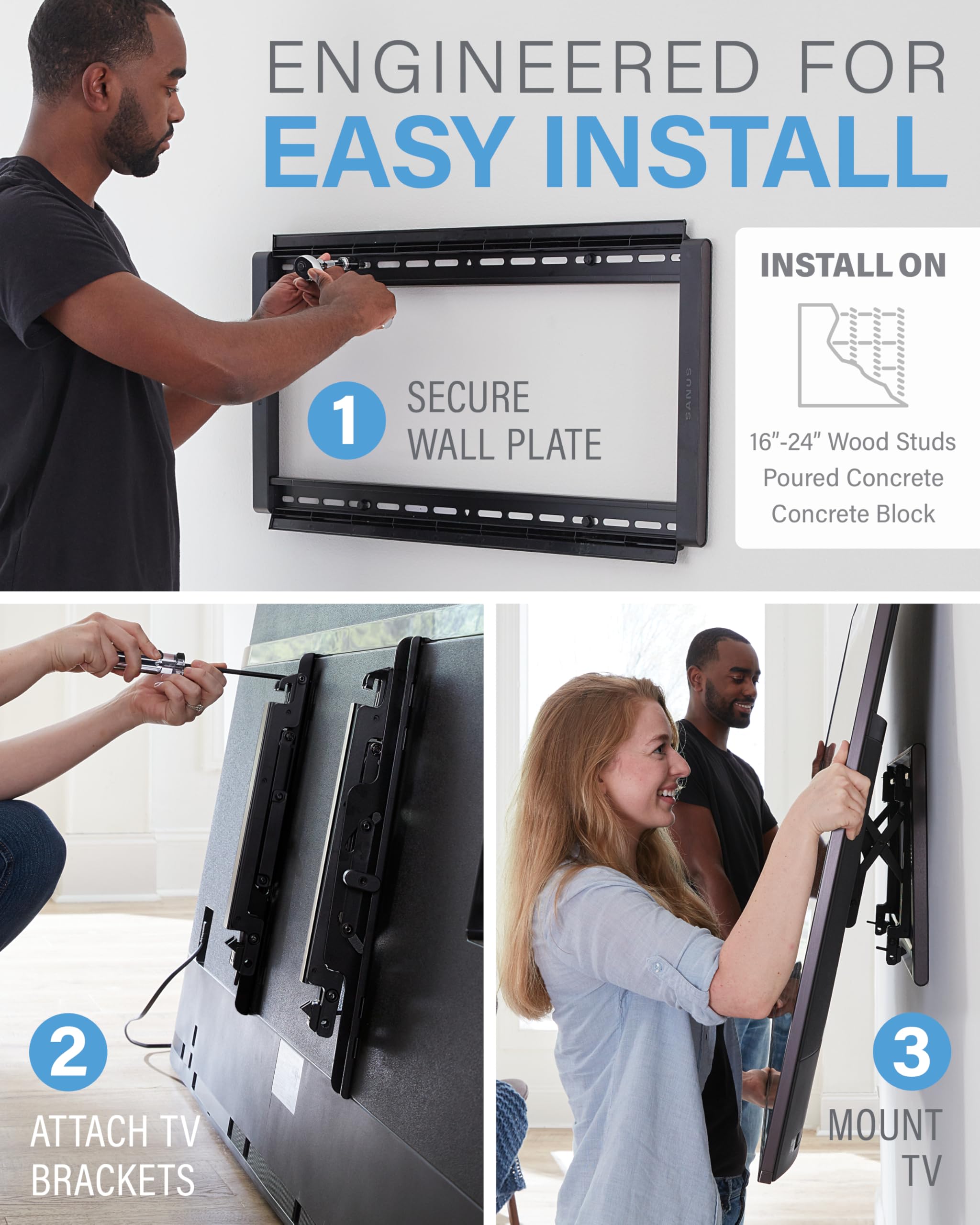 SANUS Preferred Extendable Tilt TV Wall Mount for 42 to 90 inch Screens up to 150lbs - 5.7” Extension Provides Max 12 deg Tilt to Reduce Glare - Easy DIY Install w/Included Hardware - SLT4-B1 - Image 6