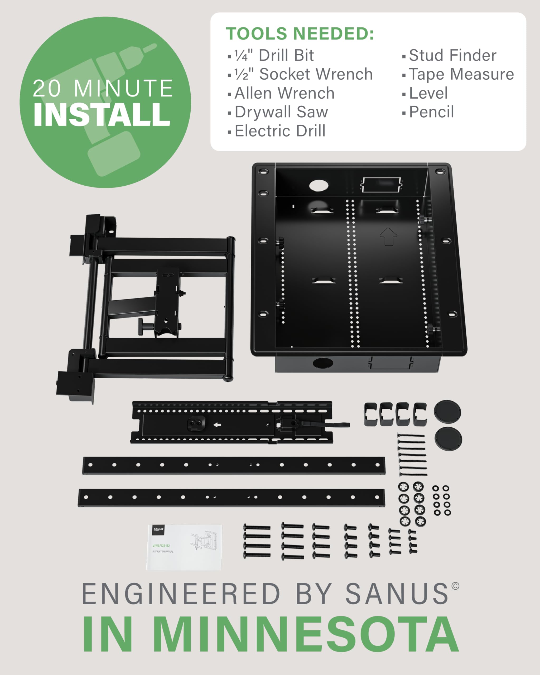 SANUS Recessed TV Wall Mount for 42"-85" Screens - Premium Full Motion TV Mount Tilts, Swivels & Extends for Optimal Views - Easy Install & Low Profile Design - VIWLF128-B2 - Image 9