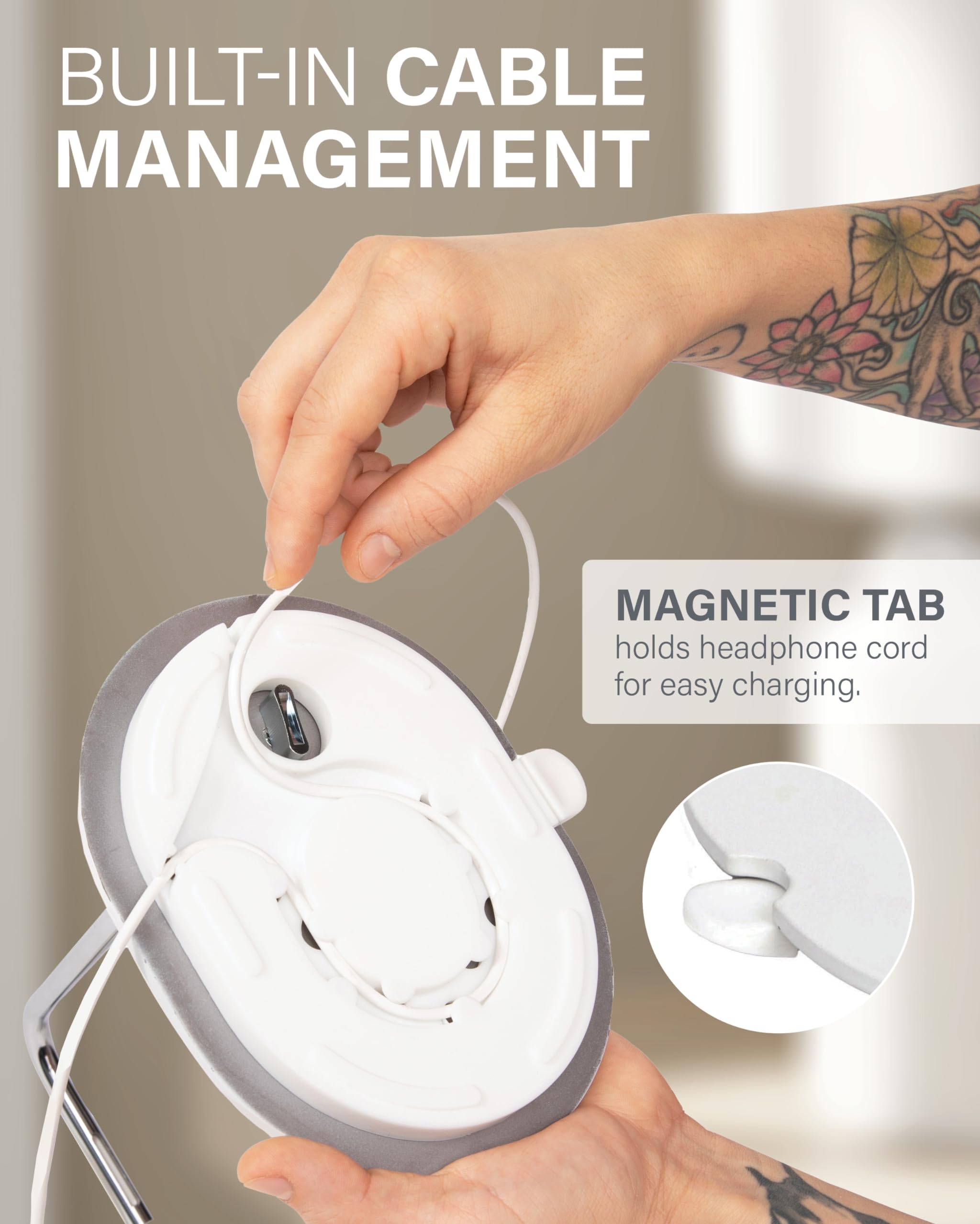 Sanus Sonos Ace Headphones Stand - Premium Stand w/Silicone Cradle Prevents Creasing & Built-in Cable Management w/Magnetic Clip for Fast Charging - Tool-Free Setup - White Sonos Headphones Holder - Image 3