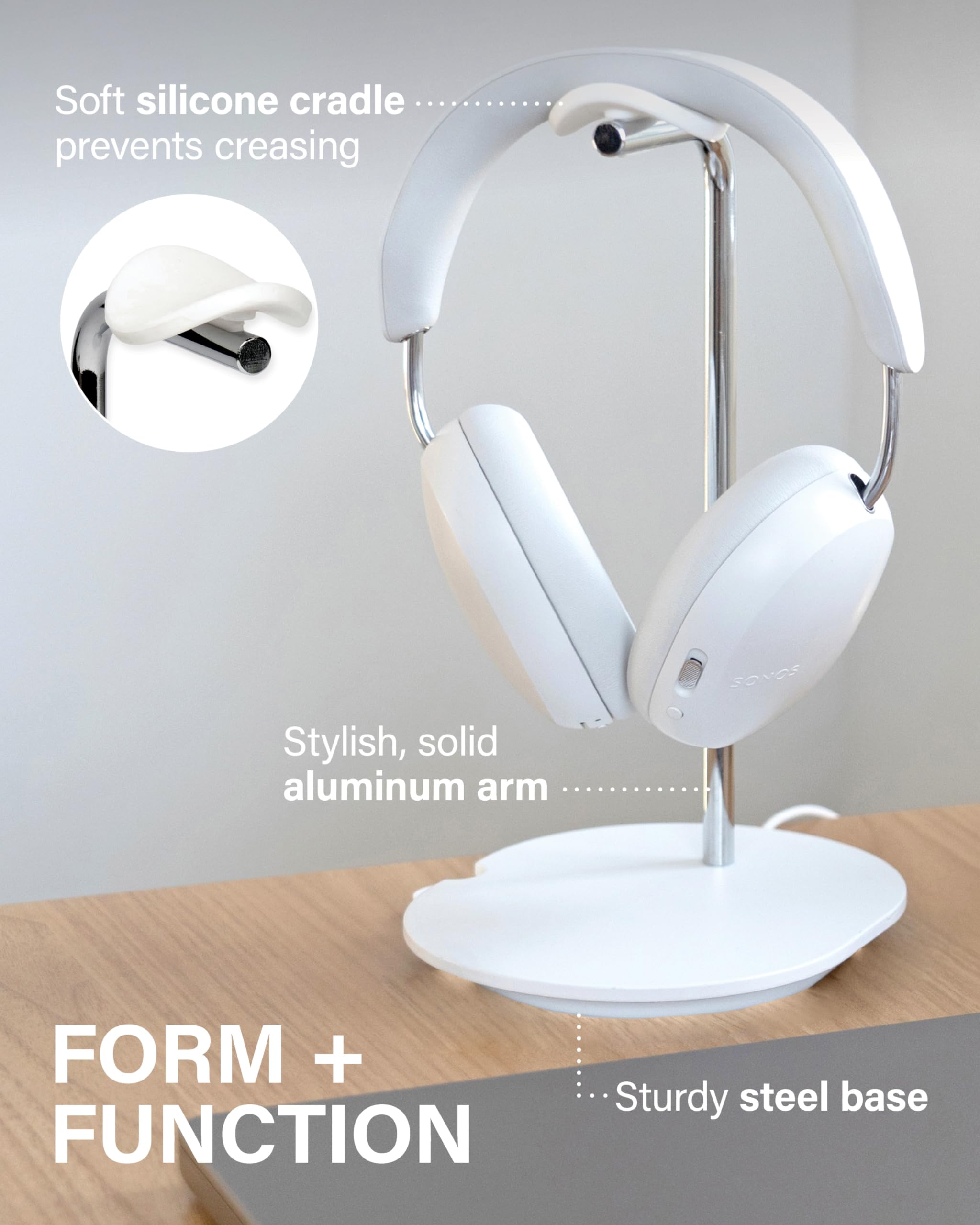 Sanus Sonos Ace Headphones Stand - Premium Stand w/Silicone Cradle Prevents Creasing & Built-in Cable Management w/Magnetic Clip for Fast Charging - Tool-Free Setup - White Sonos Headphones Holder - Image 5