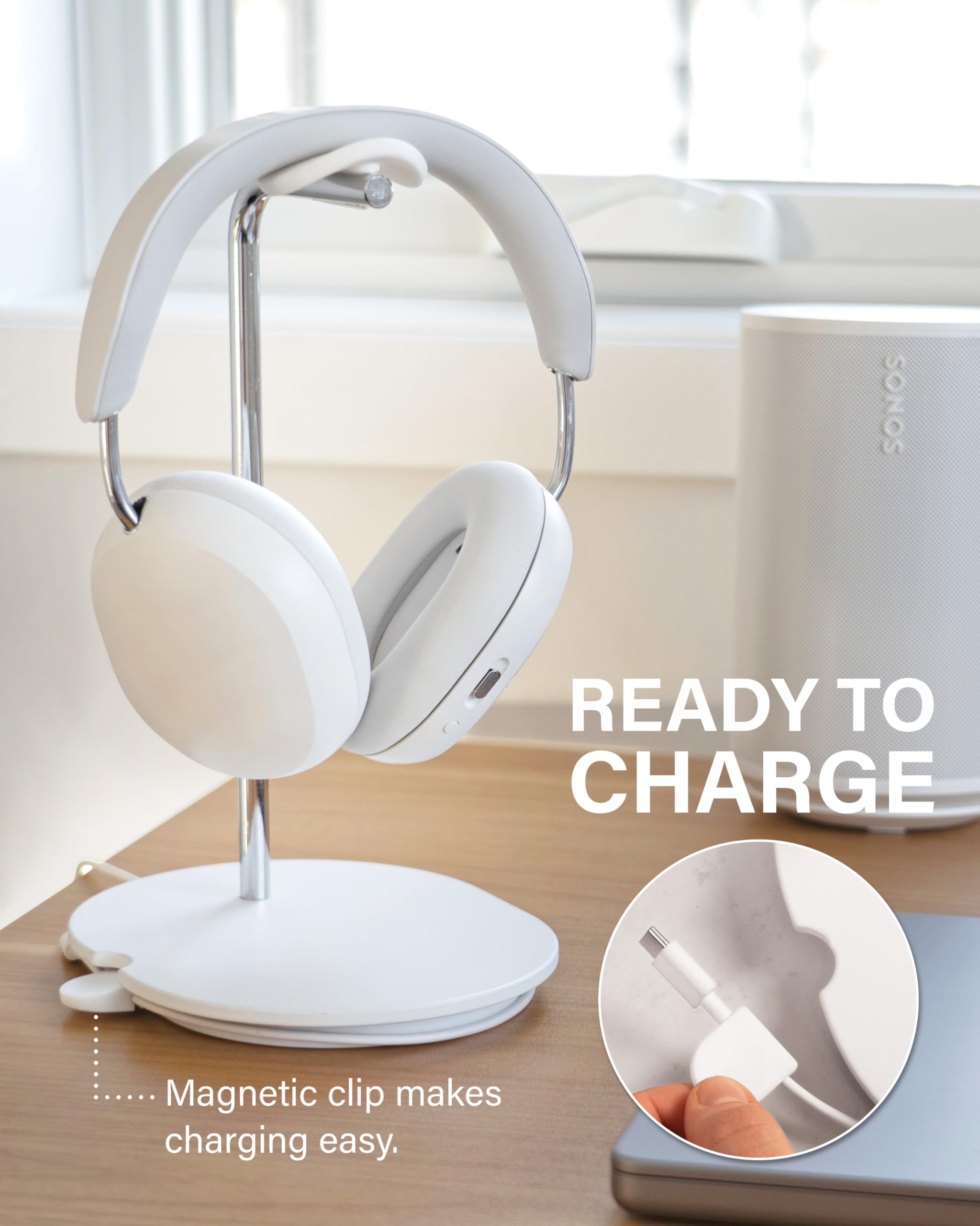 Sanus Sonos Ace Headphones Stand - Premium Stand w/Silicone Cradle Prevents Creasing & Built-in Cable Management w/Magnetic Clip for Fast Charging - Tool-Free Setup - White Sonos Headphones Holder - Image 6