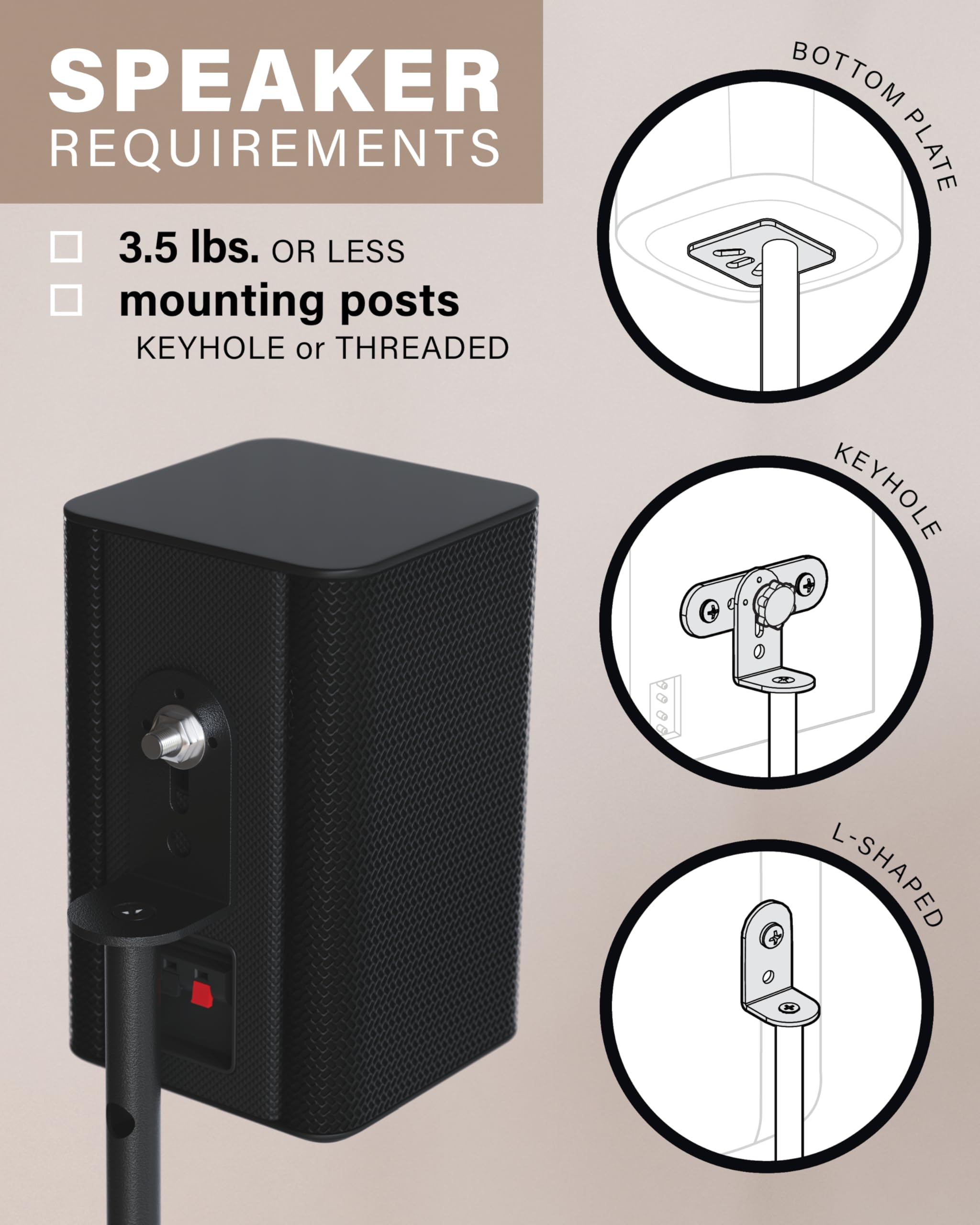 SANUS Speaker Stands Pair for Satellite & Bookshelf Speakers up to 3.5lbs – 10” Height Adjustment – Includes L-Shaped Bracket & Keyhole Adapter for Compatibility – Easy DIY Assembly - Image 3