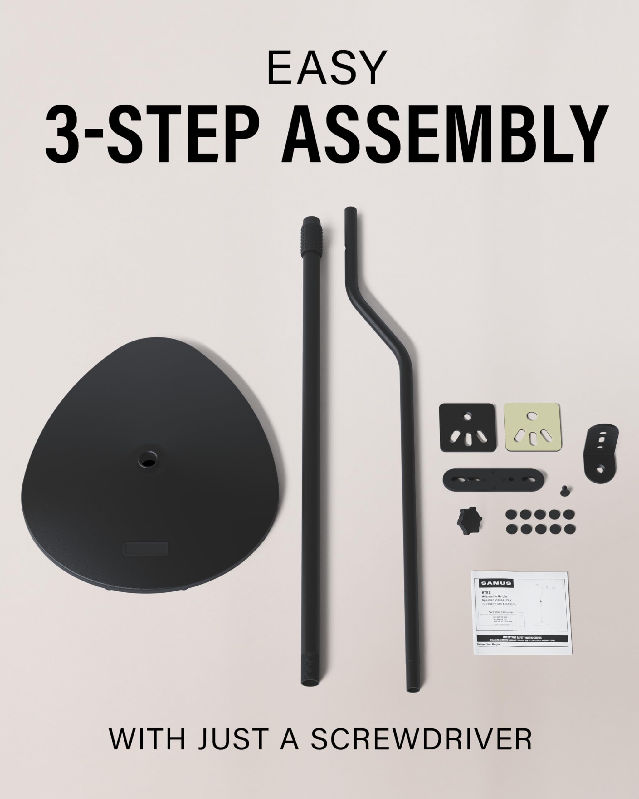 SANUS Speaker Stands Pair for Satellite & Bookshelf Speakers up to 3.5lbs – 10” Height Adjustment – Includes L-Shaped Bracket & Keyhole Adapter for Compatibility – Easy DIY Assembly - Image 7