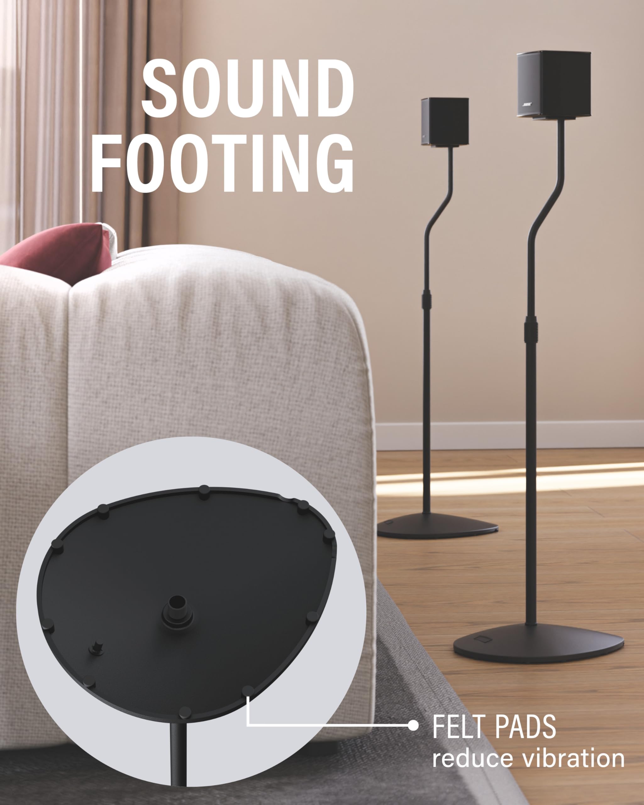 SANUS Speaker Stands Pair for Satellite & Bookshelf Speakers up to 3.5lbs – 10” Height Adjustment – Includes L-Shaped Bracket & Keyhole Adapter for Compatibility – Easy DIY Assembly - Image 8