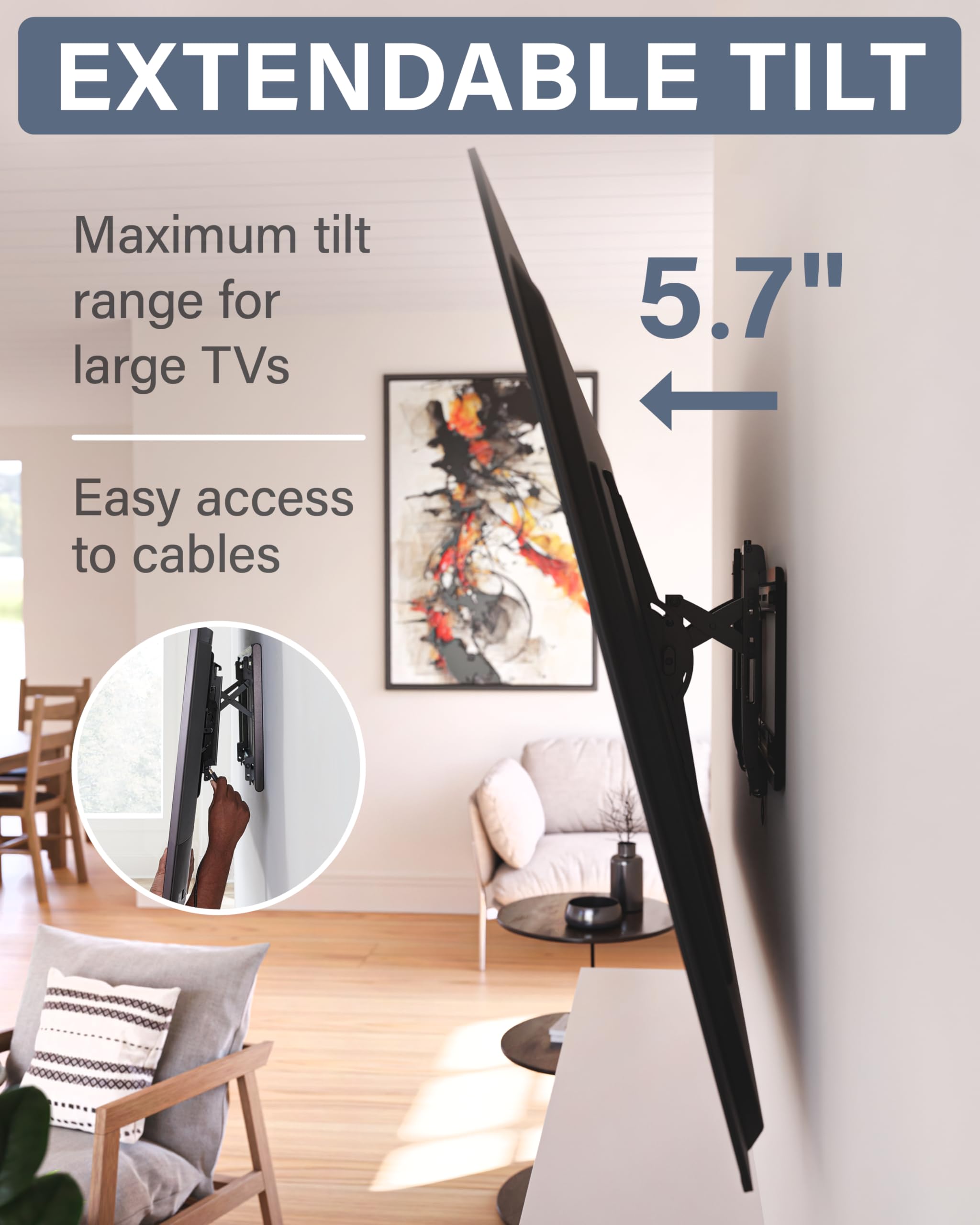 SANUS Tilting TV Wall Mount for 46" - 90” TVs or 150lbs - Premium Tilt Mount w/Universal Fit - Smooth 5.7" Extension Allows for Cable Management - Includes Hardware & Drill Template for Easy Install - Image 5