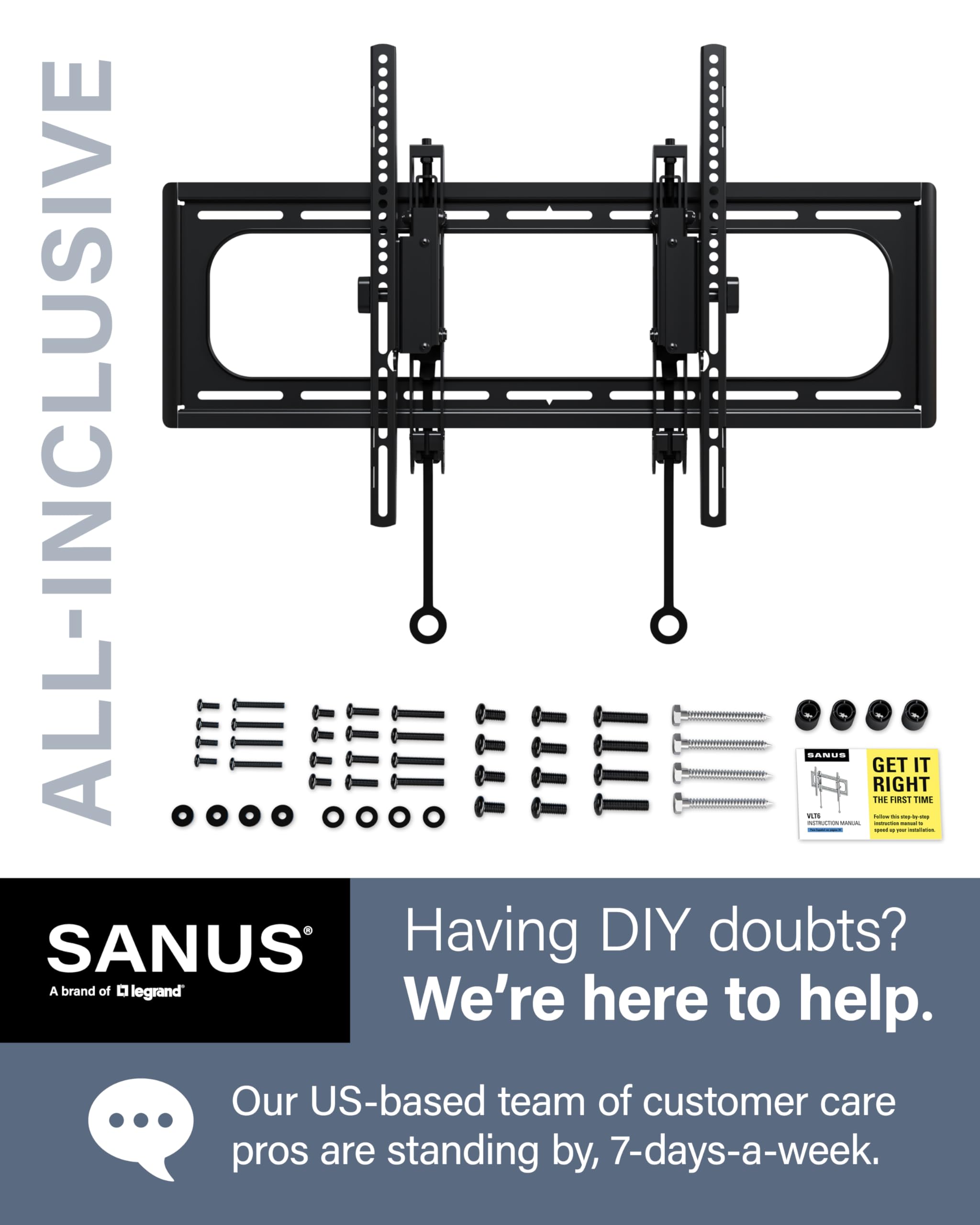 SANUS Tilting TV Wall Mount for 46" - 90” TVs or 150lbs - Premium Tilt Mount w/Universal Fit - Smooth 5.7" Extension Allows for Cable Management - Includes Hardware & Drill Template for Easy Install - Image 7